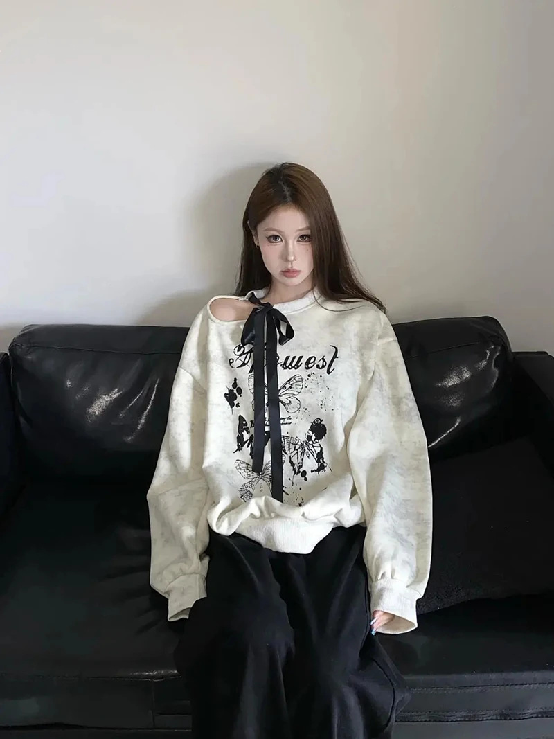 Streetwear Vintage Women Sweatshirts Cut Out Off Shoulder Lace Up Bow Autumn Pullovers Butterfly Print American Loose New Tops