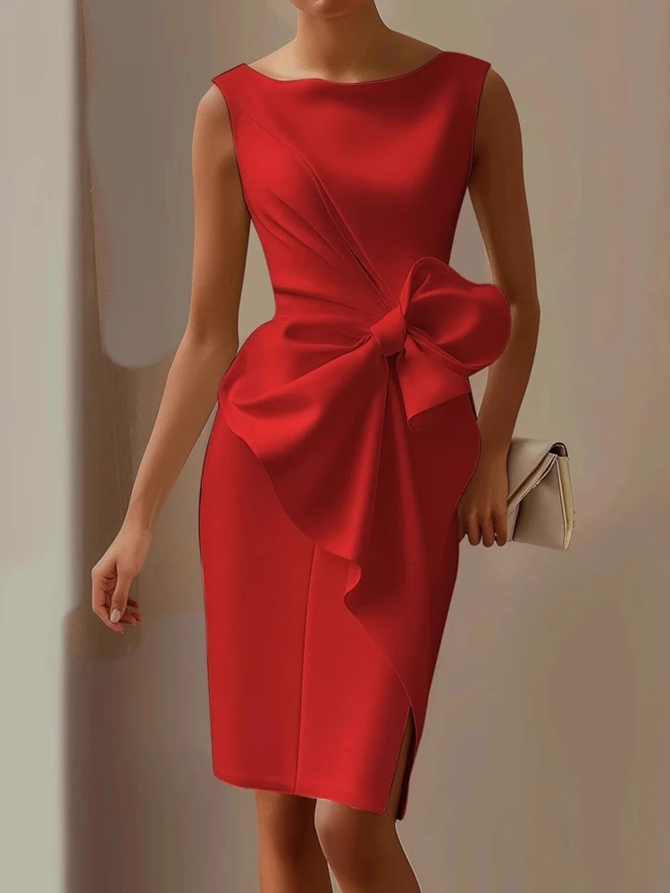 Sleeveless Bow Patchwork Simple Party Dress, Women Summer Fashion O Neck Chic Holiday Dress, Solid Casual Elegant Ladies Dress