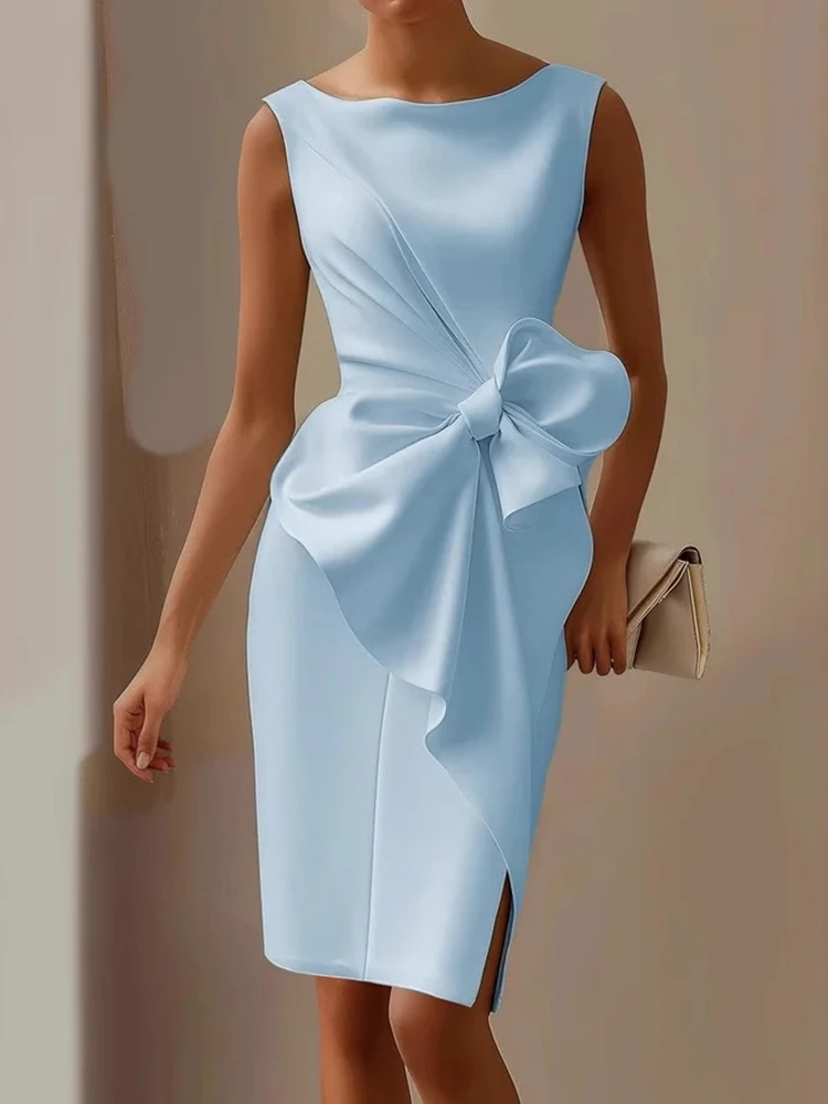 Sleeveless Bow Patchwork Simple Party Dress, Women Summer Fashion O Neck Chic Holiday Dress, Solid Casual Elegant Ladies Dress