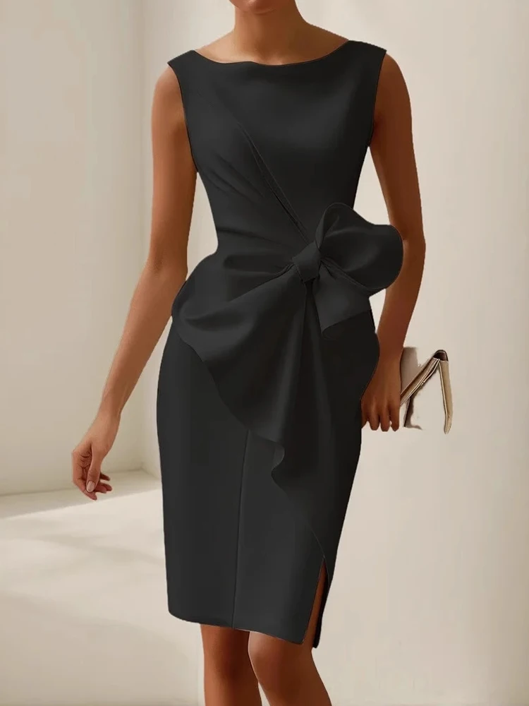 Sleeveless Bow Patchwork Simple Party Dress, Women Summer Fashion O Neck Chic Holiday Dress, Solid Casual Elegant Ladies Dress