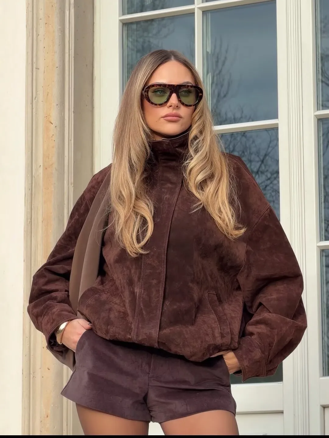 YENKYE Brown Faux Suede Leather Jacket For Women Autumn Winter Warm Loose Coat Long Sleeve Lapel Collar Vintage Outerwear