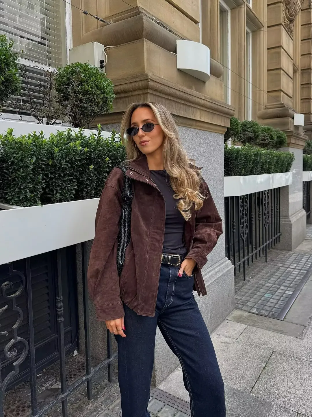 YENKYE Brown Faux Suede Leather Jacket For Women Autumn Winter Warm Loose Coat Long Sleeve Lapel Collar Vintage Outerwear