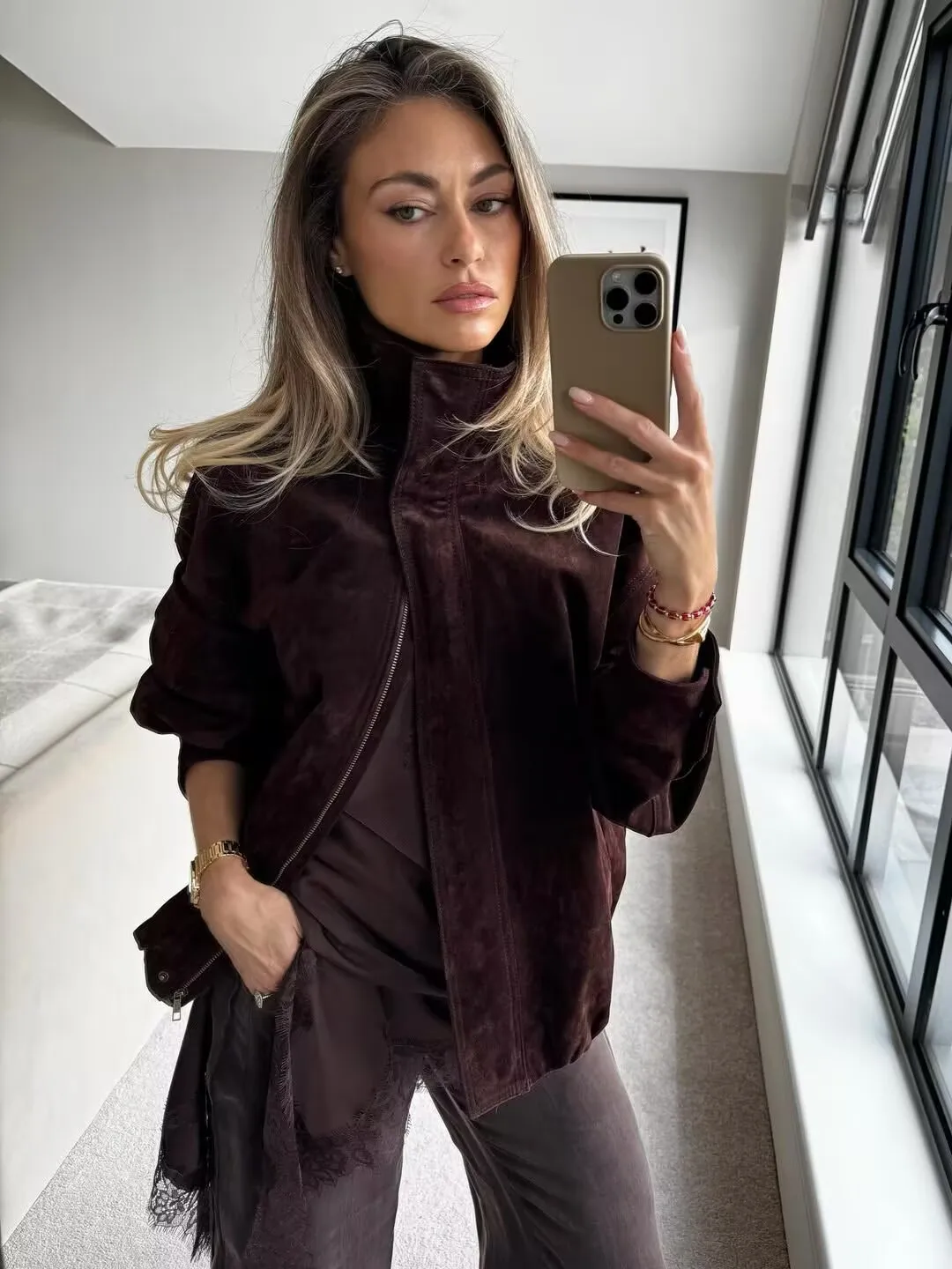 YENKYE Brown Faux Suede Leather Jacket For Women Autumn Winter Warm Loose Coat Long Sleeve Lapel Collar Vintage Outerwear