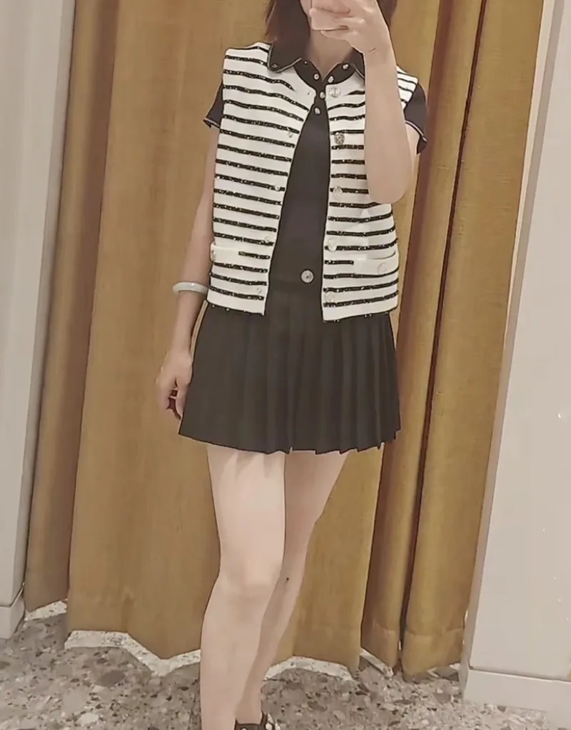 Chic Sequin Fashion Striped O-Neck Women Knitted Jacket Autumn French Style Short Top Daily Casual Single Breasted Knitwear Coat