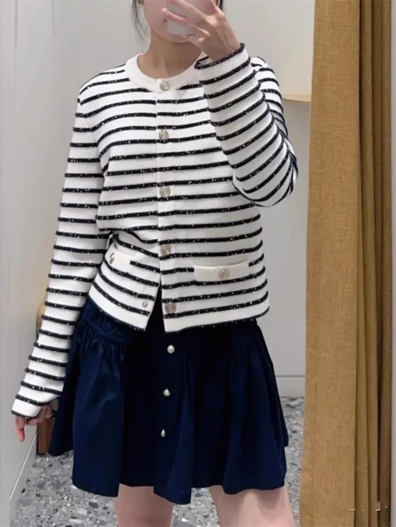 Chic Sequin Fashion Striped O-Neck Women Knitted Jacket Autumn French Style Short Top Daily Casual Single Breasted Knitwear Coat