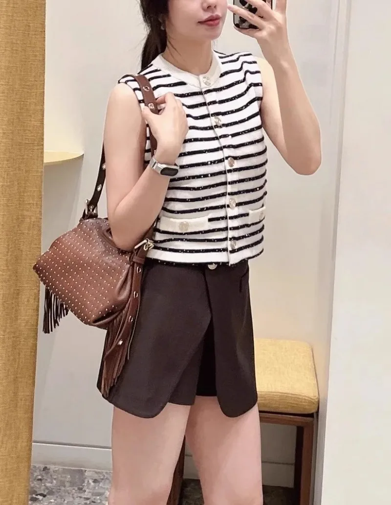 Chic Sequin Fashion Striped O-Neck Women Knitted Jacket Autumn French Style Short Top Daily Casual Single Breasted Knitwear Coat
