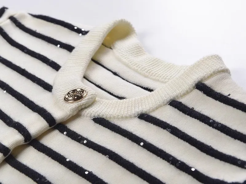 Chic Sequin Fashion Striped O-Neck Women Knitted Jacket Autumn French Style Short Top Daily Casual Single Breasted Knitwear Coat