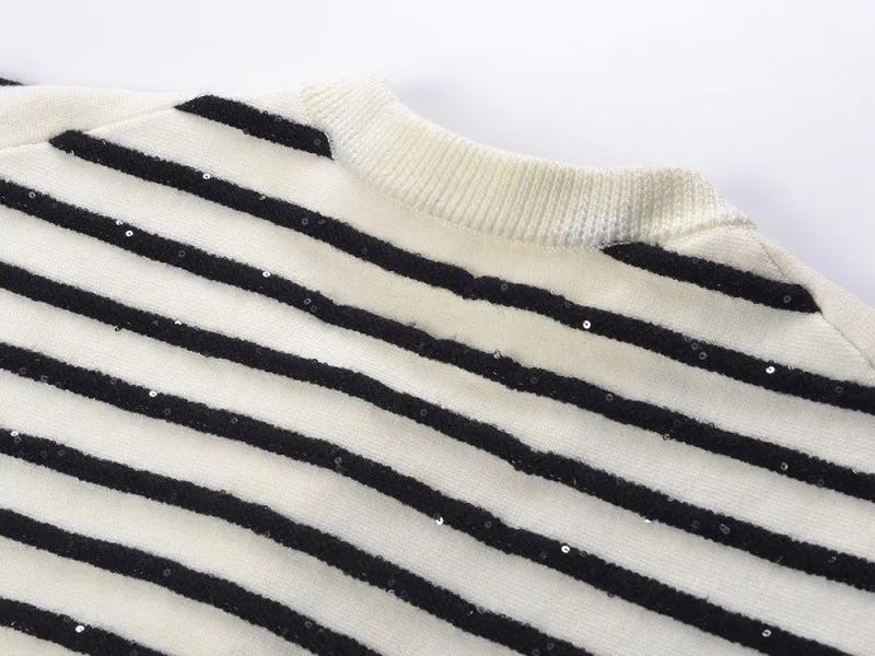 Chic Sequin Fashion Striped O-Neck Women Knitted Jacket Autumn French Style Short Top Daily Casual Single Breasted Knitwear Coat