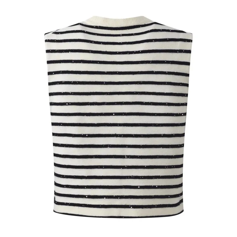 Chic Sequin Fashion Striped O-Neck Women Knitted Jacket Autumn French Style Short Top Daily Casual Single Breasted Knitwear Coat
