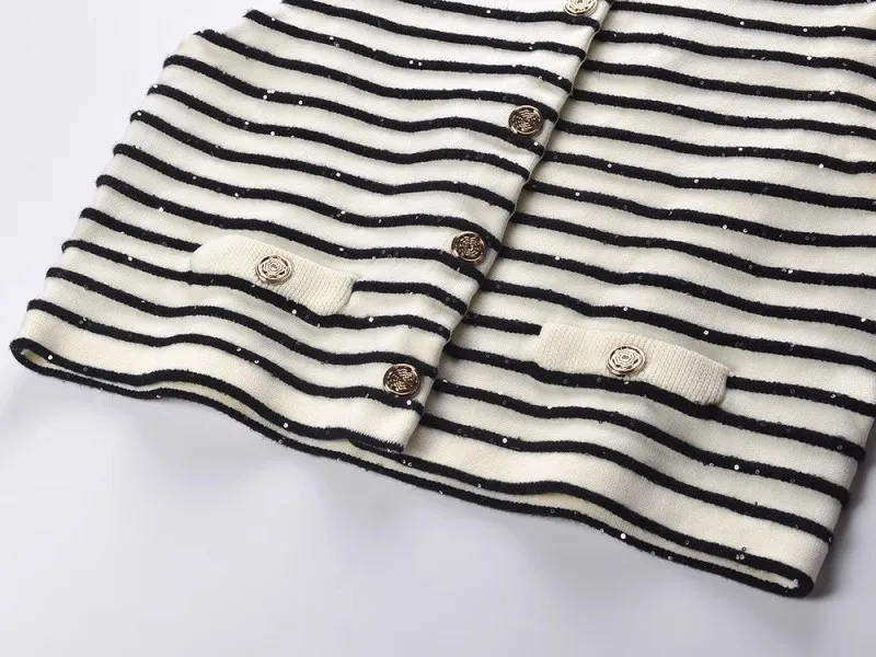 Chic Sequin Fashion Striped O-Neck Women Knitted Jacket Autumn French Style Short Top Daily Casual Single Breasted Knitwear Coat