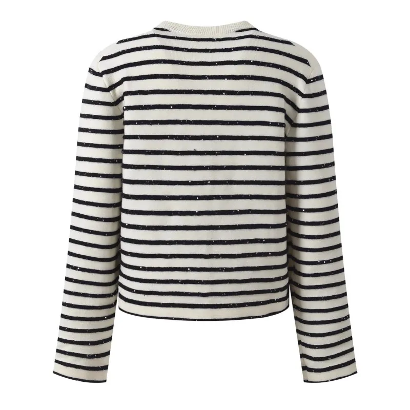 Chic Sequin Fashion Striped O-Neck Women Knitted Jacket Autumn French Style Short Top Daily Casual Single Breasted Knitwear Coat