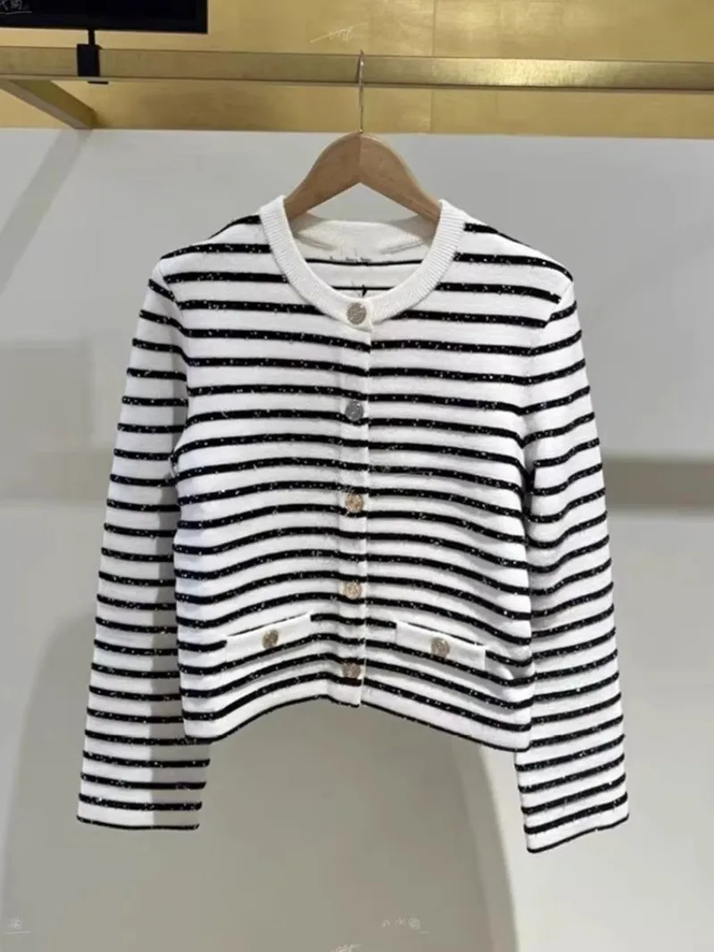 Chic Sequin Fashion Striped O-Neck Women Knitted Jacket Autumn French Style Short Top Daily Casual Single Breasted Knitwear Coat