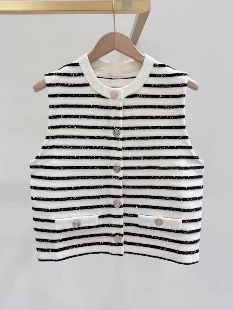 Chic Sequin Fashion Striped O-Neck Women Knitted Jacket Autumn French Style Short Top Daily Casual Single Breasted Knitwear Coat