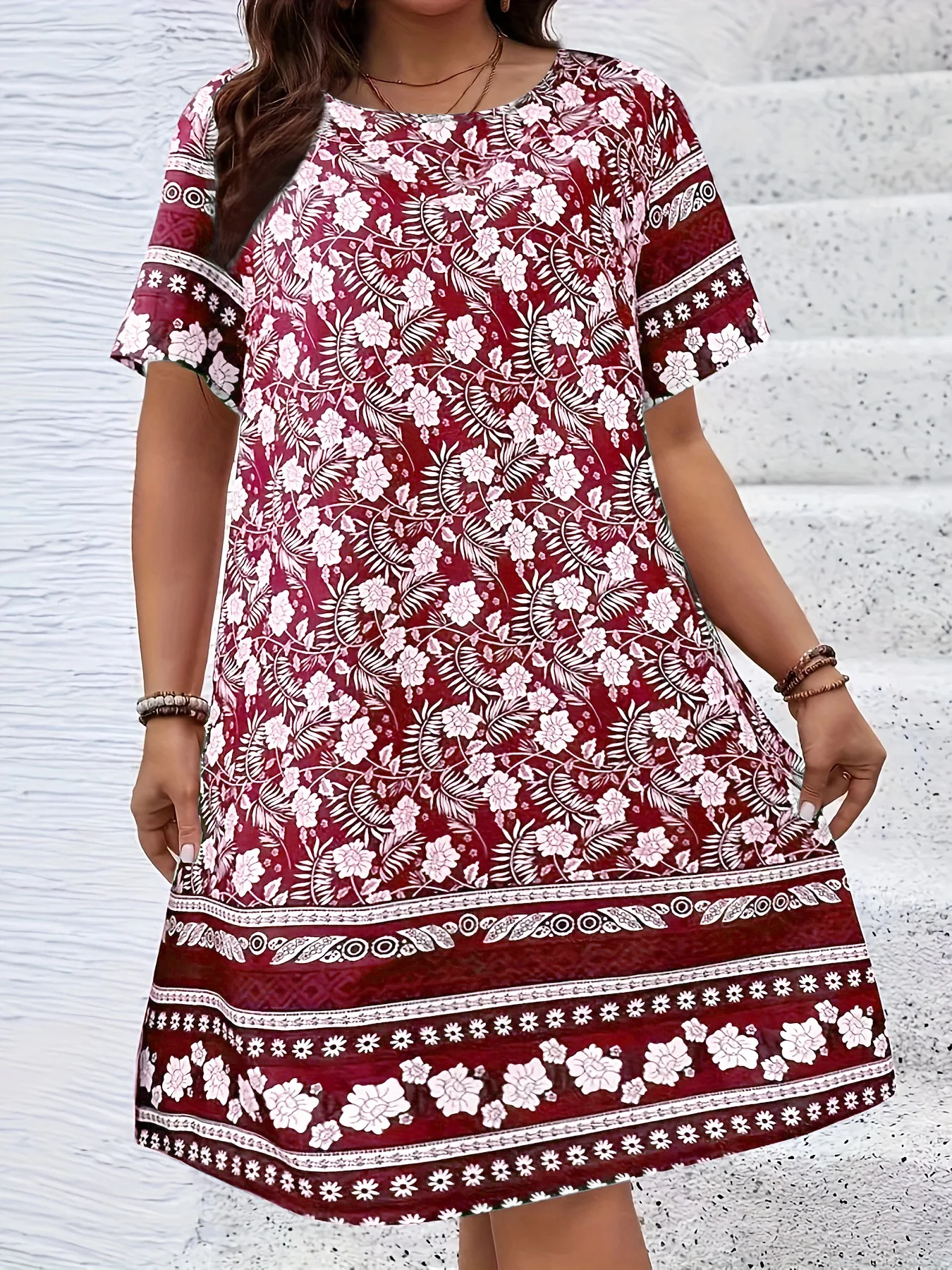 Vintage Flowers 3D Printed Dresses For Summer 2025 Plus Size Women Casual O-Neck Short Sleeve Mini Dresses For Women Summer Robe