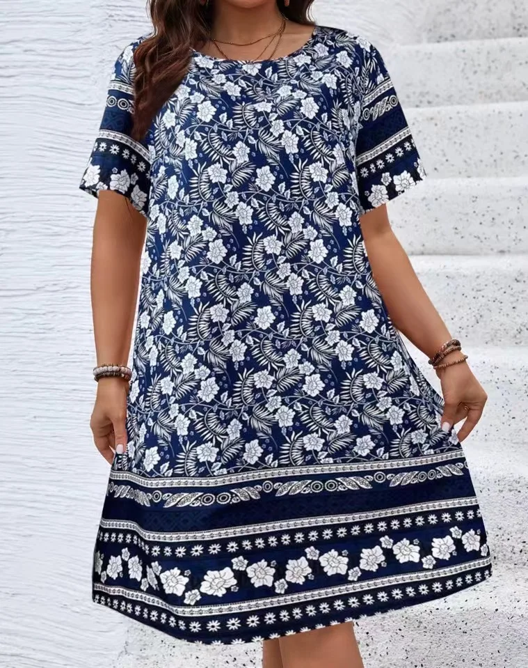 Vintage Flowers 3D Printed Dresses For Summer 2025 Plus Size Women Casual O-Neck Short Sleeve Mini Dresses For Women Summer Robe