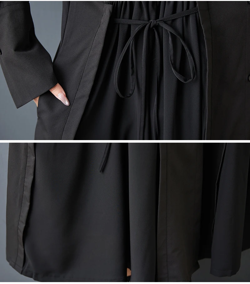 Black Vintage Lace-Up Pleated Shirt Dresses For Women 2026 Autumn New In Long Sleeve Loose Casual Dress Fashion Elegant Clothing