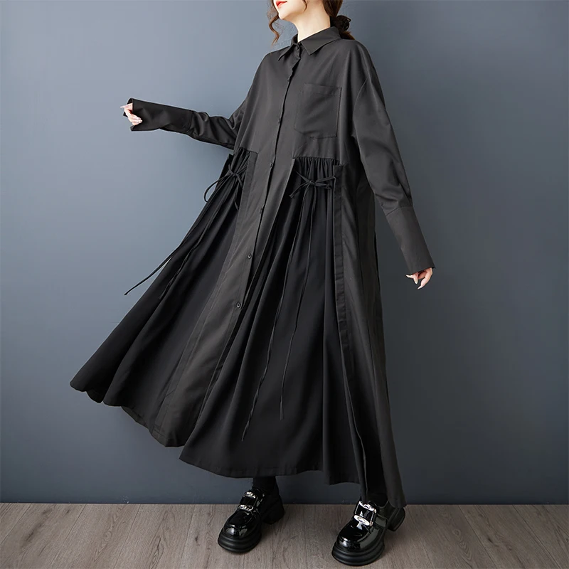 Black Vintage Lace-Up Pleated Shirt Dresses For Women 2026 Autumn New In Long Sleeve Loose Casual Dress Fashion Elegant Clothing