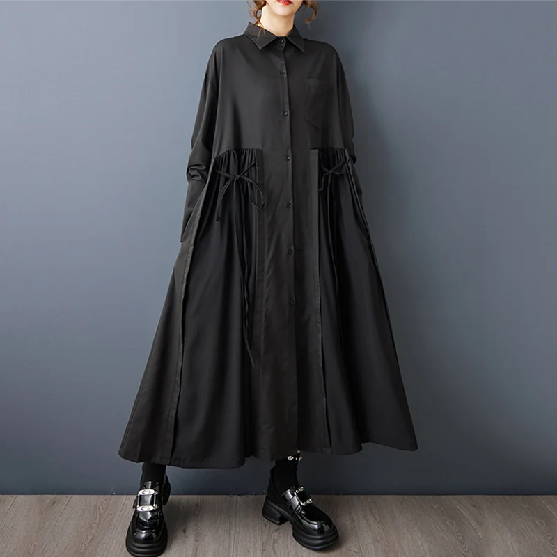 Black Vintage Lace-Up Pleated Shirt Dresses For Women 2026 Autumn New In Long Sleeve Loose Casual Dress Fashion Elegant Clothing