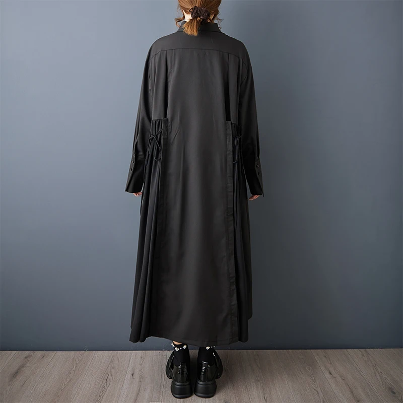 Black Vintage Lace-Up Pleated Shirt Dresses For Women 2026 Autumn New In Long Sleeve Loose Casual Dress Fashion Elegant Clothing