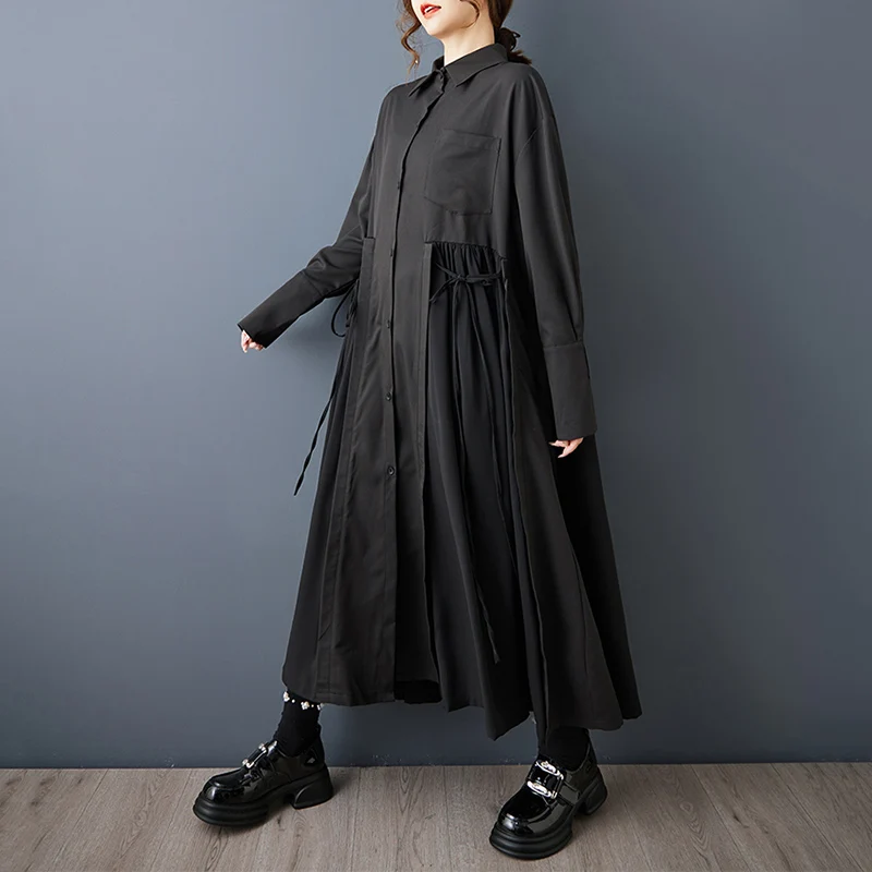 Black Vintage Lace-Up Pleated Shirt Dresses For Women 2026 Autumn New In Long Sleeve Loose Casual Dress Fashion Elegant Clothing