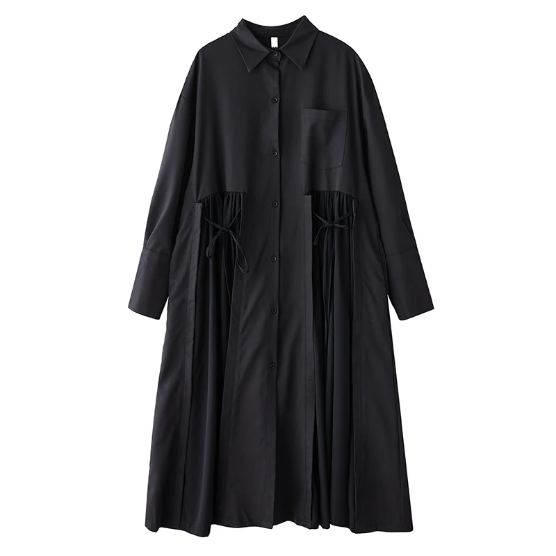 Black Vintage Lace-Up Pleated Shirt Dresses For Women 2026 Autumn New In Long Sleeve Loose Casual Dress Fashion Elegant Clothing