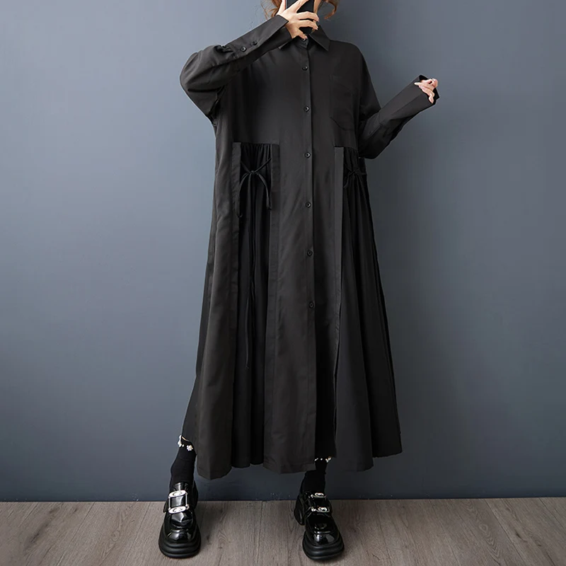 Black Vintage Lace-Up Pleated Shirt Dresses For Women 2026 Autumn New In Long Sleeve Loose Casual Dress Fashion Elegant Clothing