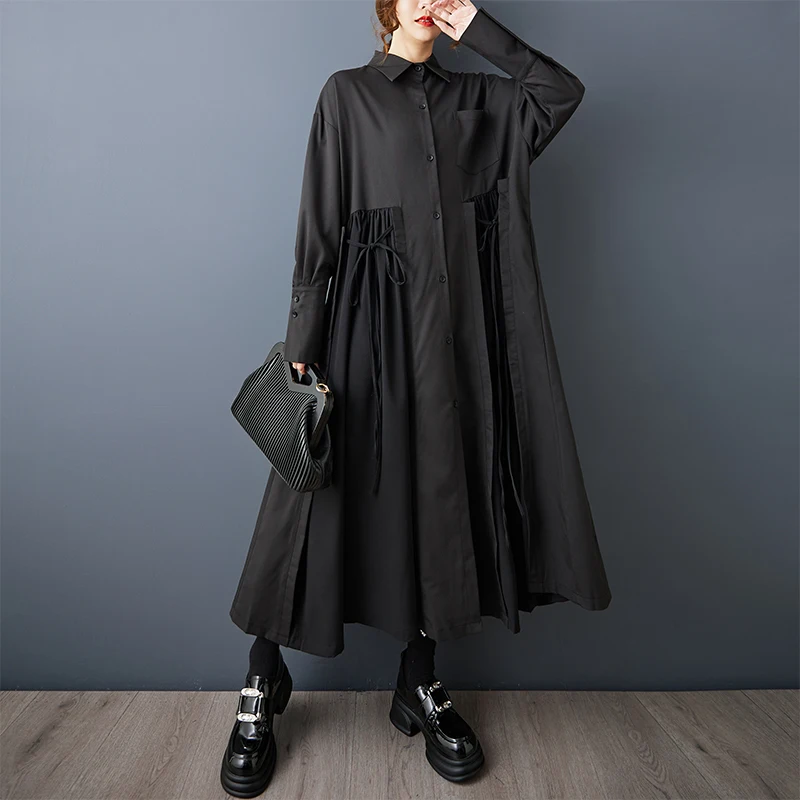 Black Vintage Lace-Up Pleated Shirt Dresses For Women 2026 Autumn New In Long Sleeve Loose Casual Dress Fashion Elegant Clothing