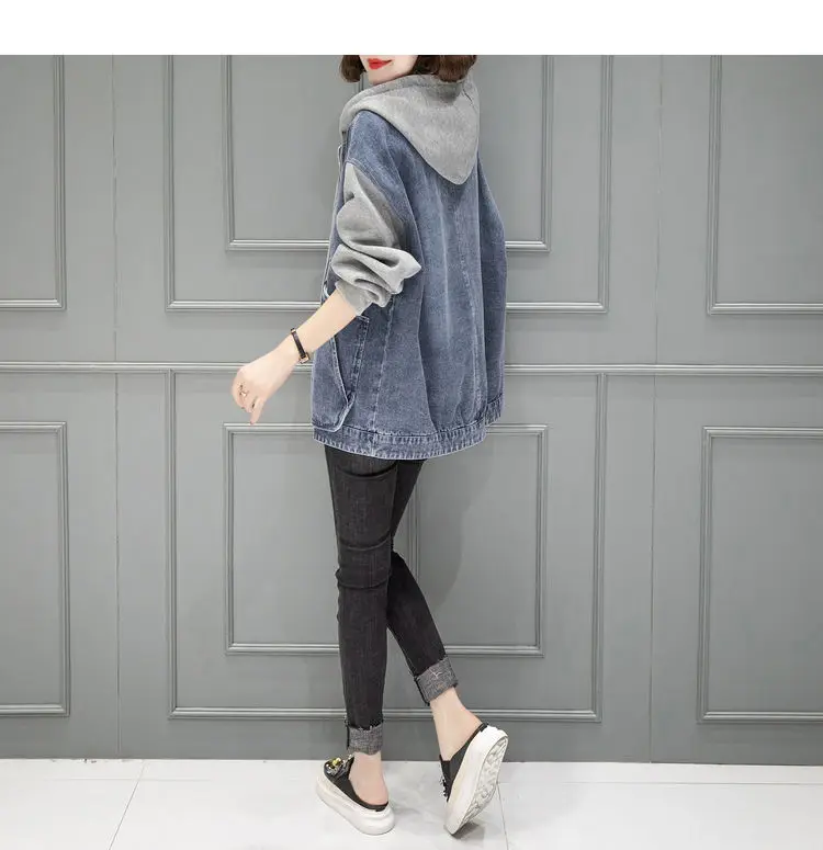 New Women's Hooded Denim Jacket Spring Autumn Patchwork, Loose Large-sized Basic Jacket, Zipper Fashion Female Motorcycle Jacket