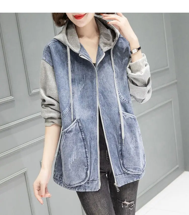 New Women's Hooded Denim Jacket Spring Autumn Patchwork, Loose Large-sized Basic Jacket, Zipper Fashion Female Motorcycle Jacket