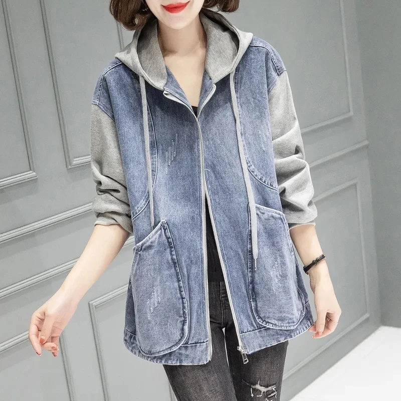 New Women's Hooded Denim Jacket Spring Autumn Patchwork, Loose Large-sized Basic Jacket, Zipper Fashion Female Motorcycle Jacket