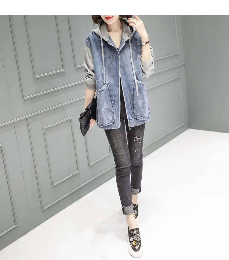 New Women's Hooded Denim Jacket Spring Autumn Patchwork, Loose Large-sized Basic Jacket, Zipper Fashion Female Motorcycle Jacket