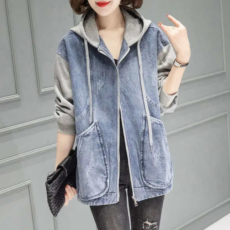 New Women's Hooded Denim Jacket Spring Autumn Patchwork, Loose Large-sized Basic Jacket, Zipper Fashion Female Motorcycle Jacket