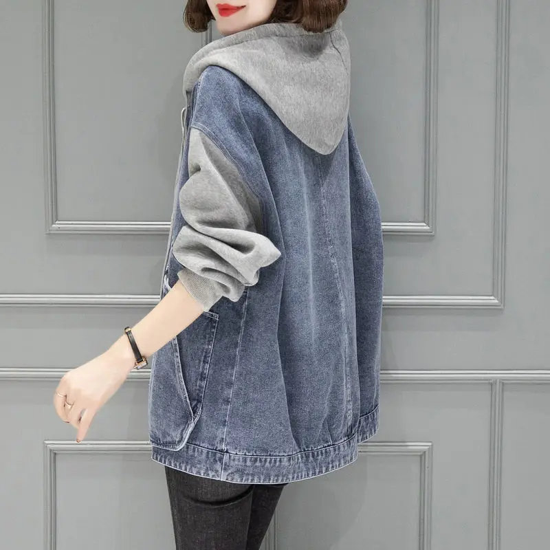 New Women's Hooded Denim Jacket Spring Autumn Patchwork, Loose Large-sized Basic Jacket, Zipper Fashion Female Motorcycle Jacket