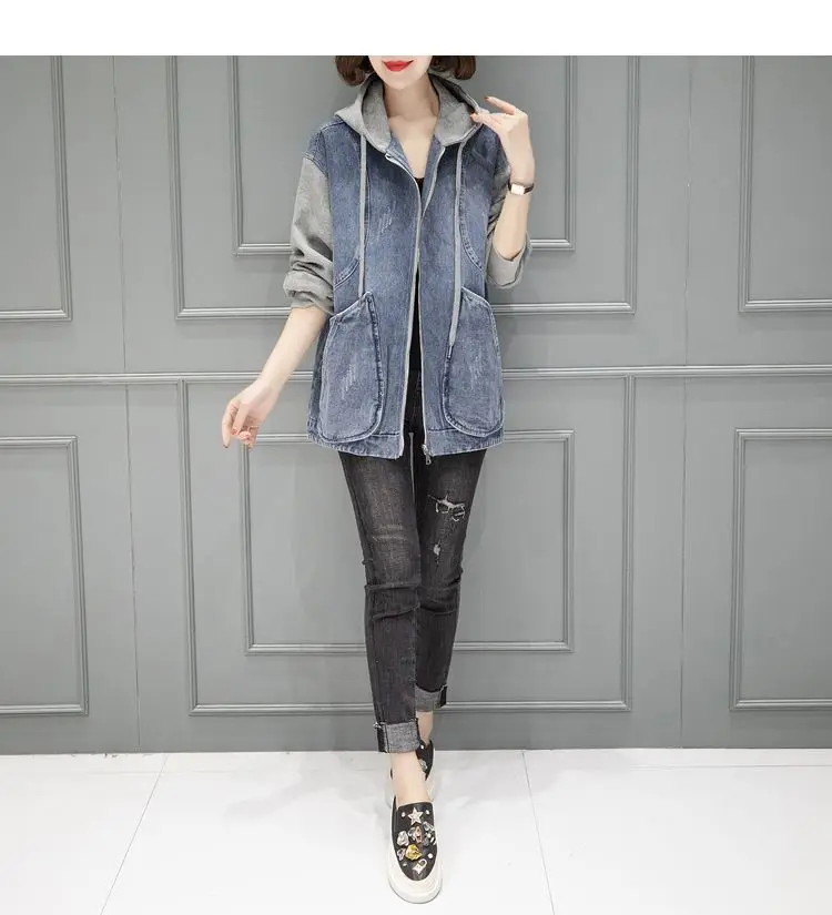New Women's Hooded Denim Jacket Spring Autumn Patchwork, Loose Large-sized Basic Jacket, Zipper Fashion Female Motorcycle Jacket