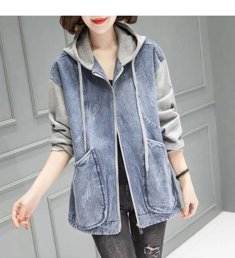 New Women's Hooded Denim Jacket Spring Autumn Patchwork, Loose Large-sized Basic Jacket, Zipper Fashion Female Motorcycle Jacket