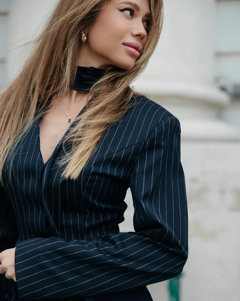 Trendix Women Elegant Striped Blazer Top Fashion Scarf Lace Up Patchwork Blazers Female Street Casual Commuting Jackets Coats