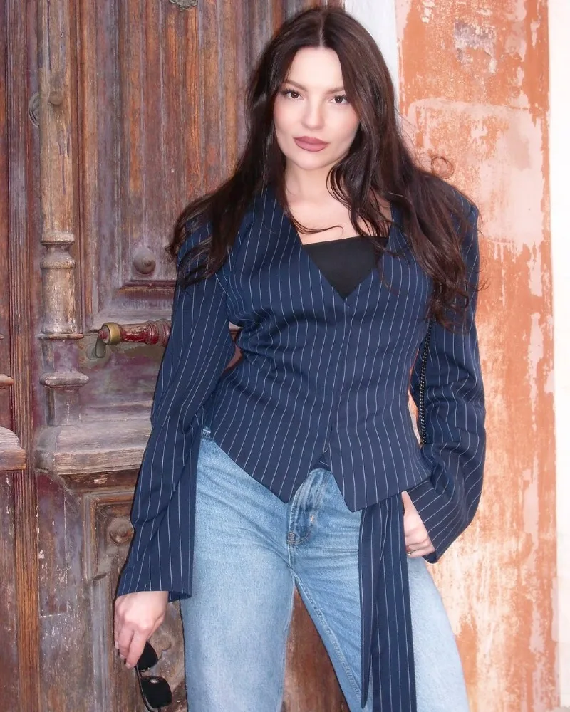 Trendix Women Elegant Striped Blazer Top Fashion Scarf Lace Up Patchwork Blazers Female Street Casual Commuting Jackets Coats