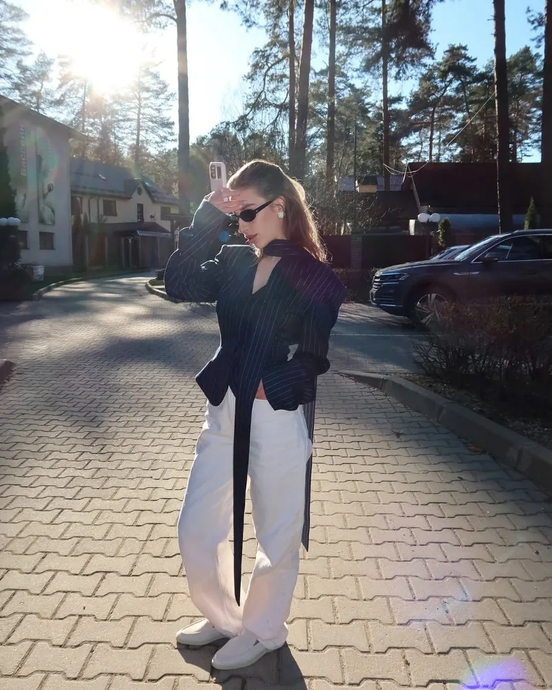 Trendix Women Elegant Striped Blazer Top Fashion Scarf Lace Up Patchwork Blazers Female Street Casual Commuting Jackets Coats