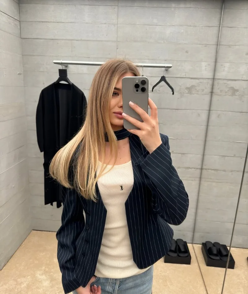 Trendix Women Elegant Striped Blazer Top Fashion Scarf Lace Up Patchwork Blazers Female Street Casual Commuting Jackets Coats