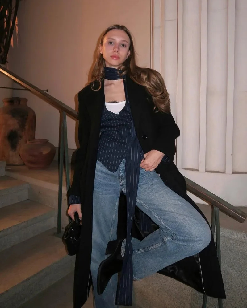 Trendix Women Elegant Striped Blazer Top Fashion Scarf Lace Up Patchwork Blazers Female Street Casual Commuting Jackets Coats