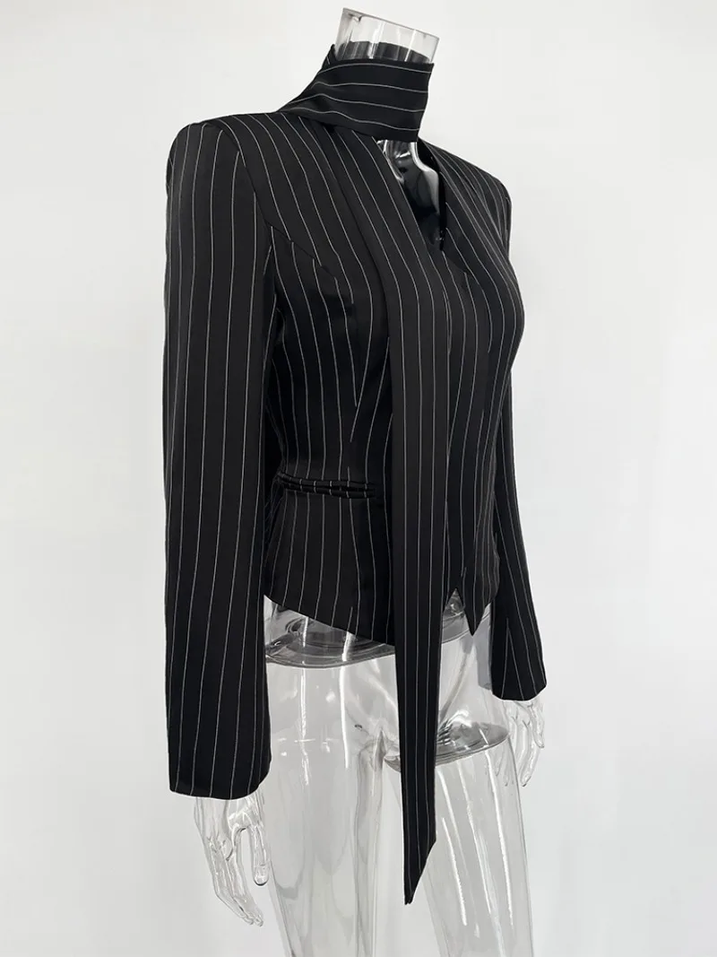 Trendix Women Elegant Striped Blazer Top Fashion Scarf Lace Up Patchwork Blazers Female Street Casual Commuting Jackets Coats