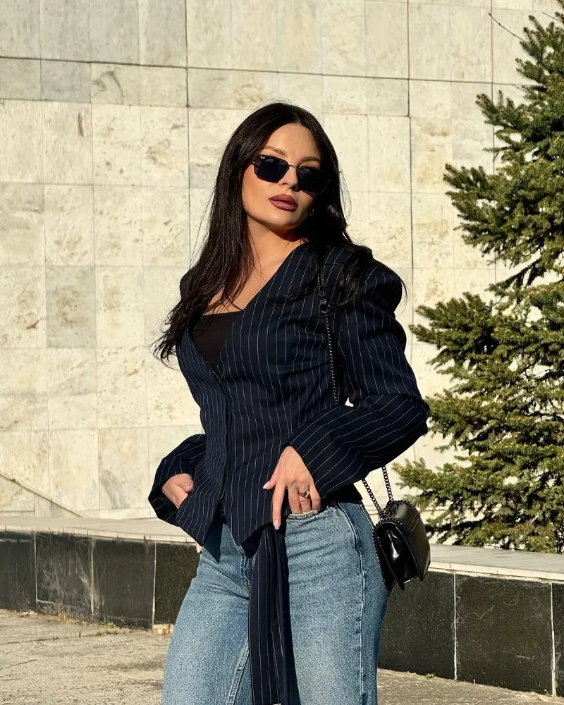Trendix Women Elegant Striped Blazer Top Fashion Scarf Lace Up Patchwork Blazers Female Street Casual Commuting Jackets Coats