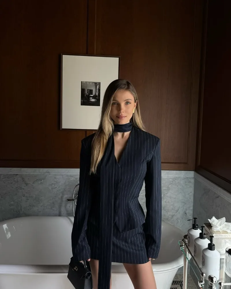 Trendix Women Elegant Striped Blazer Top Fashion Scarf Lace Up Patchwork Blazers Female Street Casual Commuting Jackets Coats