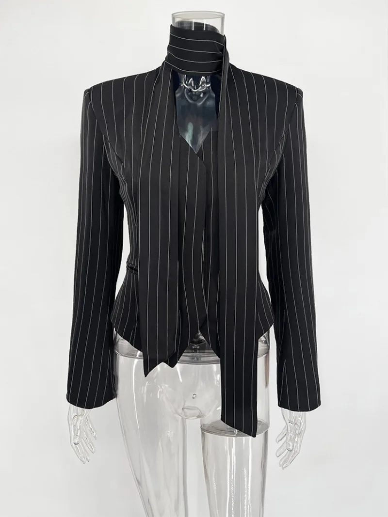 Trendix Women Elegant Striped Blazer Top Fashion Scarf Lace Up Patchwork Blazers Female Street Casual Commuting Jackets Coats