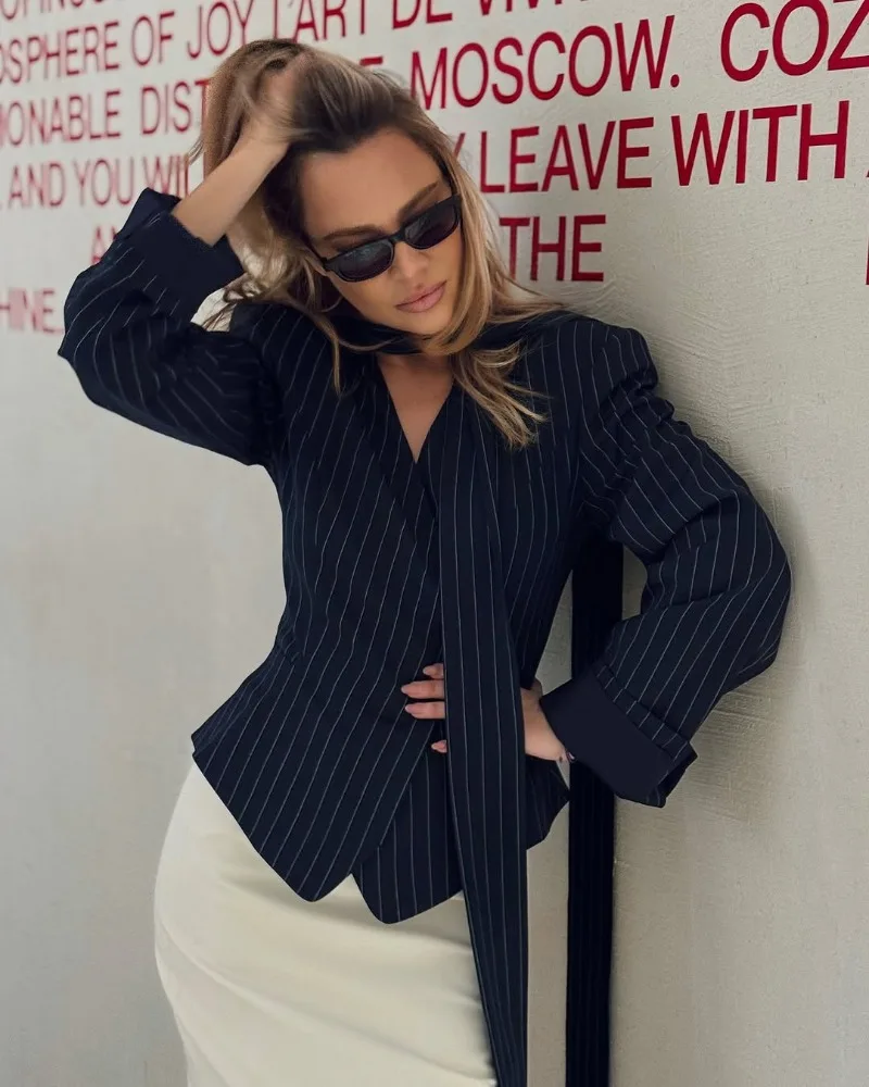 Trendix Women Elegant Striped Blazer Top Fashion Scarf Lace Up Patchwork Blazers Female Street Casual Commuting Jackets Coats