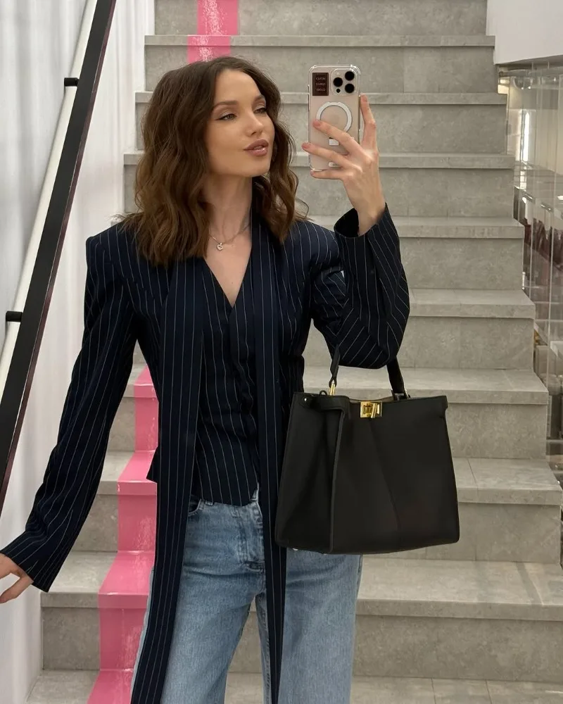 Trendix Women Elegant Striped Blazer Top Fashion Scarf Lace Up Patchwork Blazers Female Street Casual Commuting Jackets Coats