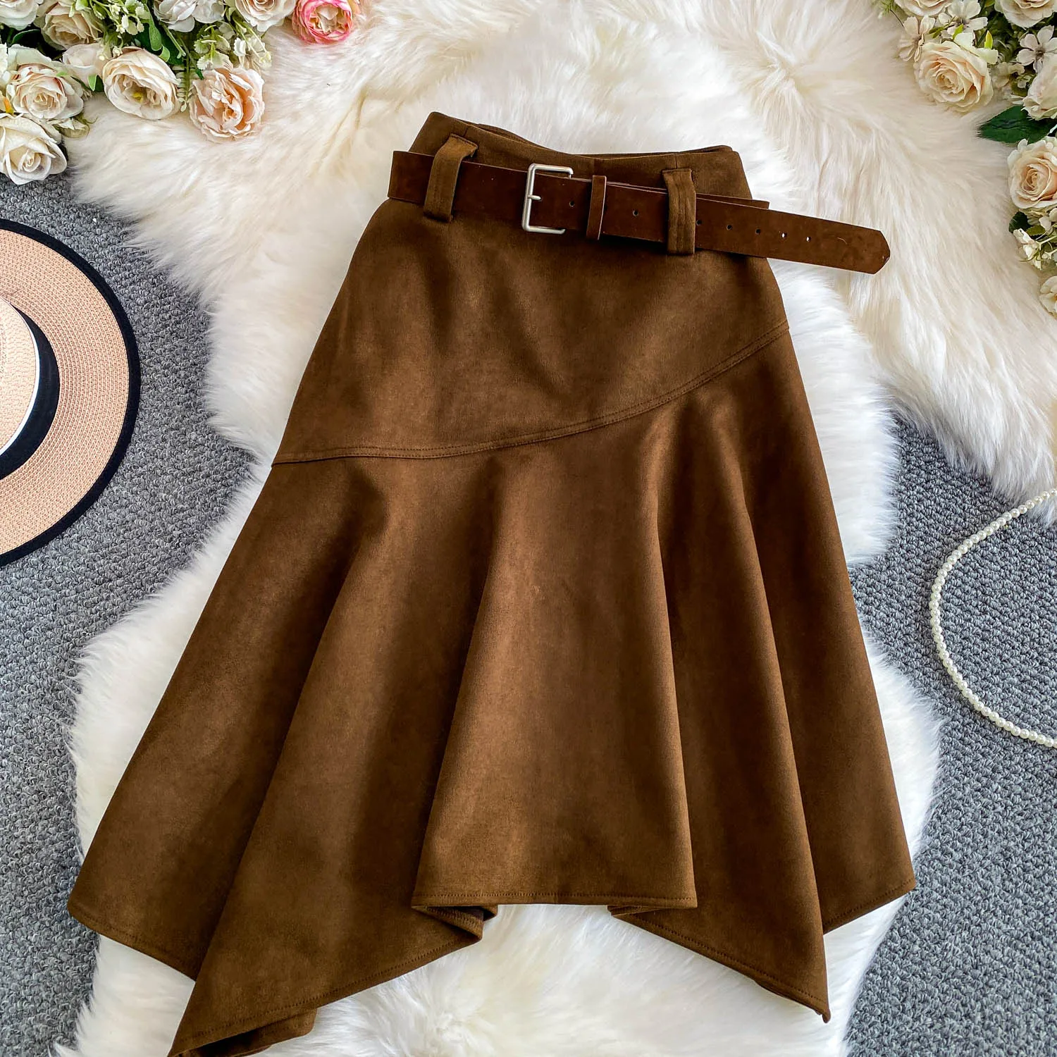 Women Chic asymmetrical ruffle Sexy Skirt Elastic High Waist Korean Fashion A-line autumn Skirt Clothing