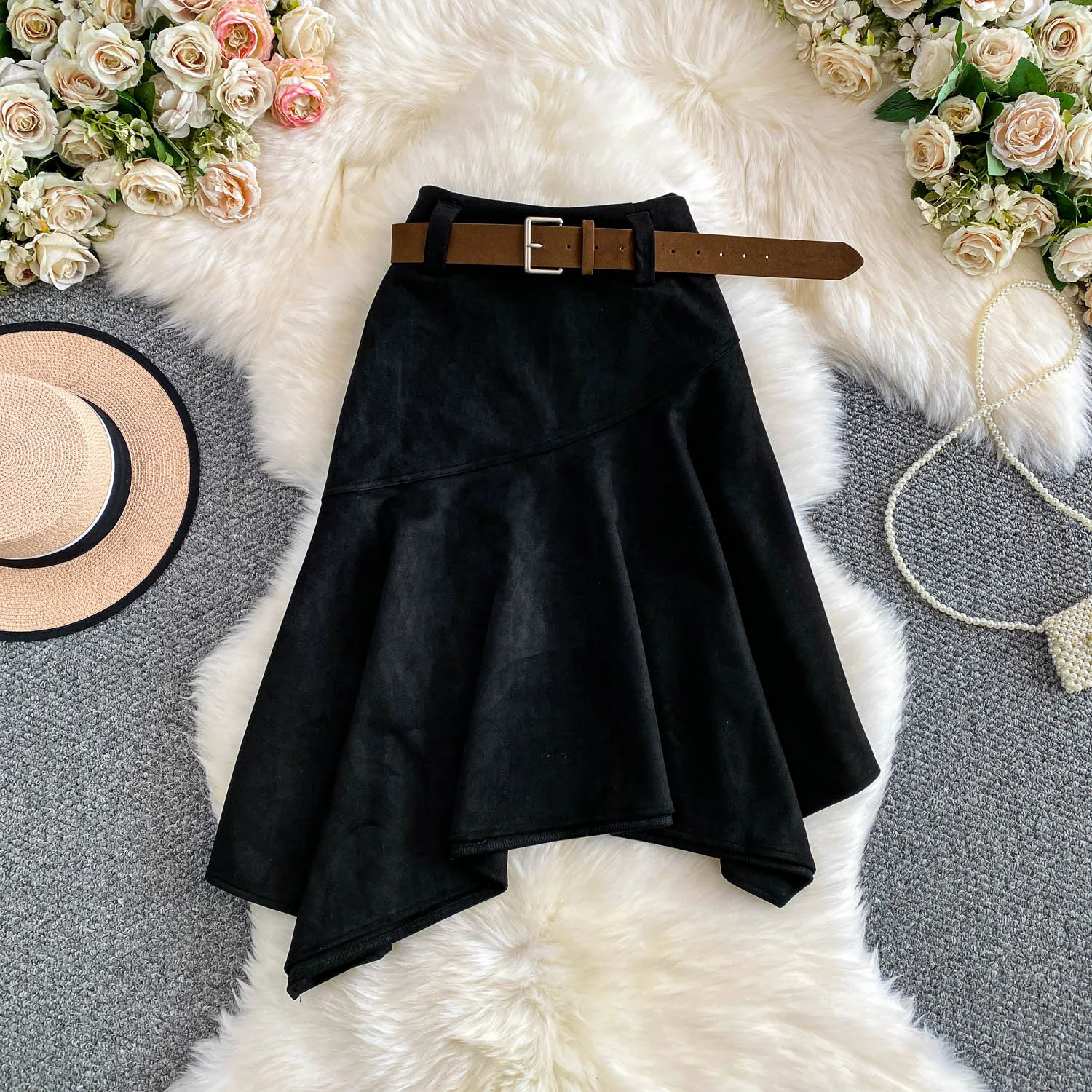 Women Chic asymmetrical ruffle Sexy Skirt Elastic High Waist Korean Fashion A-line autumn Skirt Clothing