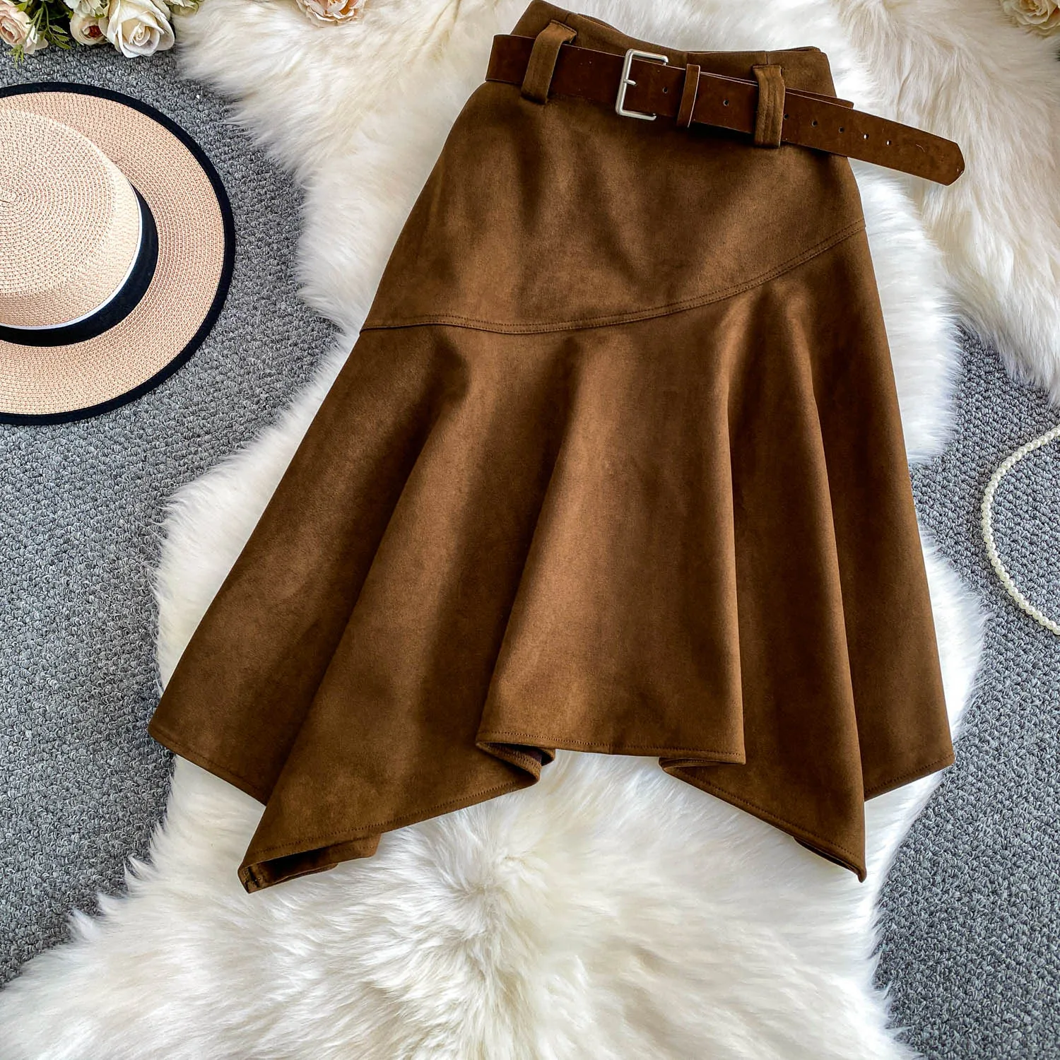 Women Chic asymmetrical ruffle Sexy Skirt Elastic High Waist Korean Fashion A-line autumn Skirt Clothing