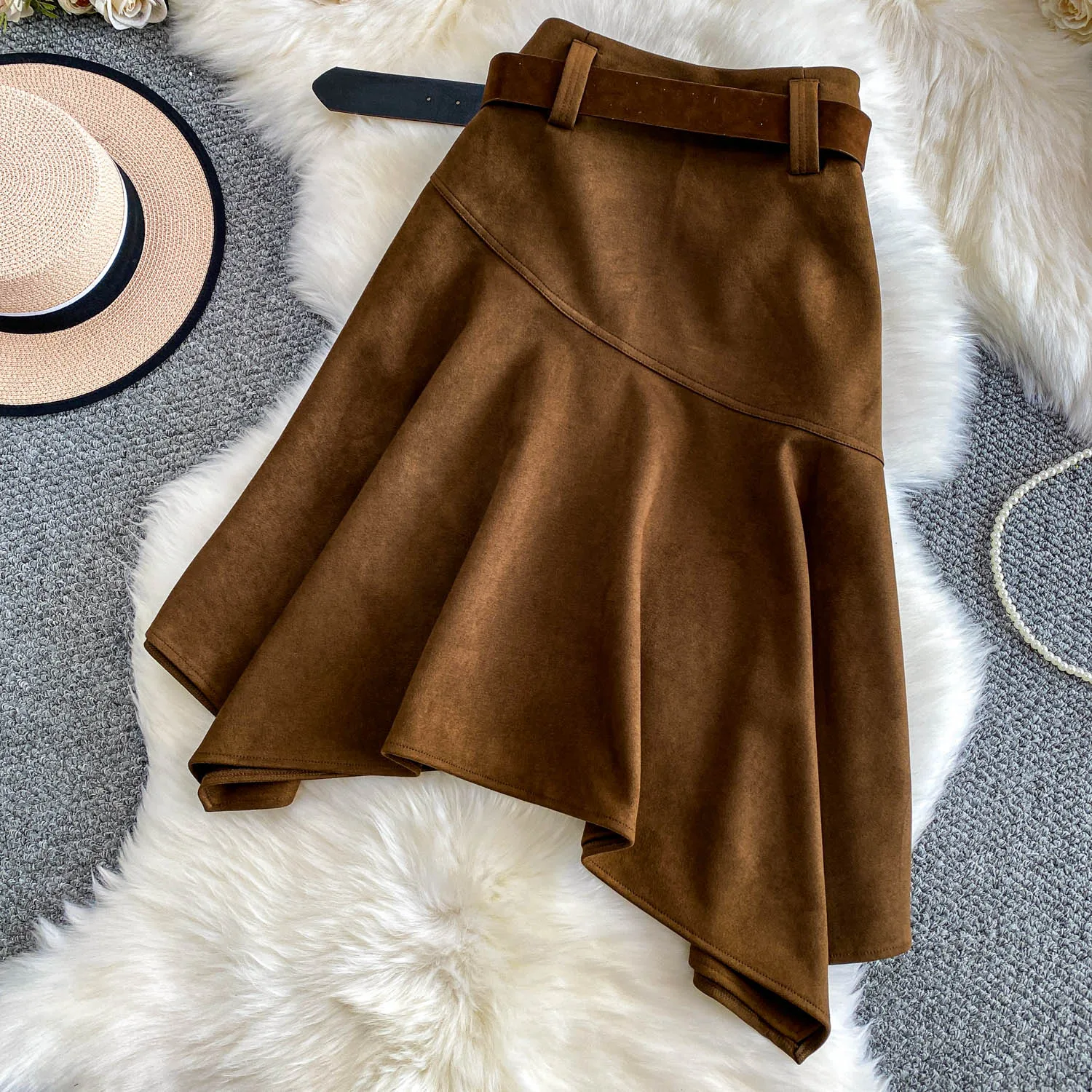 Women Chic asymmetrical ruffle Sexy Skirt Elastic High Waist Korean Fashion A-line autumn Skirt Clothing